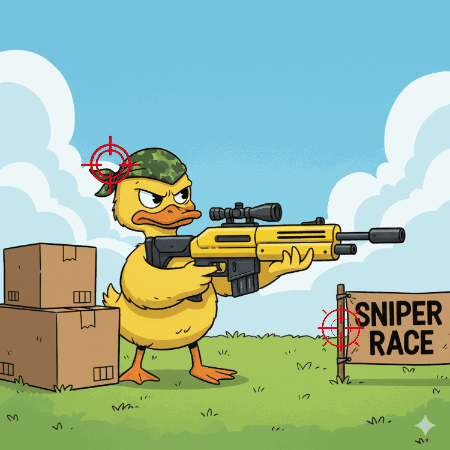 A Cartoon Of A Duck Holding A Sniper Rifle Next To A Sign That Says Sniper Race GIF