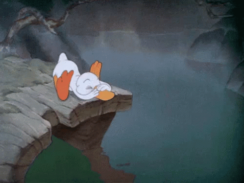 A Cartoon Of A Duck Laying On A Rock With The Words I 'M Written Above It GIF