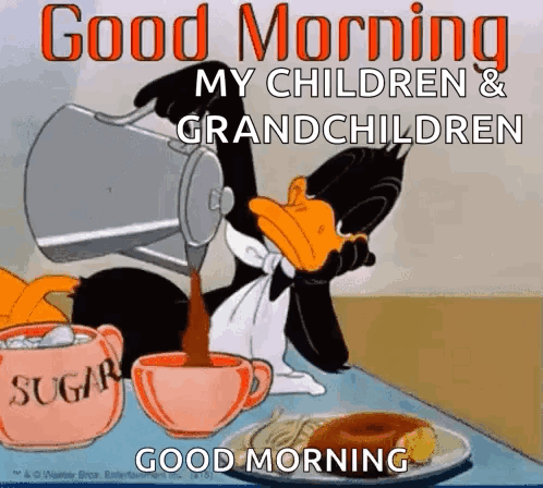 A Cartoon Of A Duck Pouring Coffee Into A Cup GIF