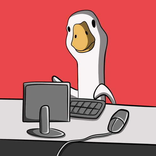 A Cartoon Of A Duck Sitting At A Desk With A Keyboard And Mouse GIF