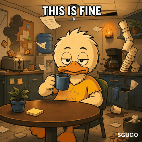 A Cartoon Of A Duck Sitting At A Table Holding A Cup Of Coffee With The Words This Is Fine Above Him GIF