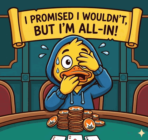 A Cartoon Of A Duck Sitting At A Table With A Banner That Says I Promised I Wouldn 'T GIF