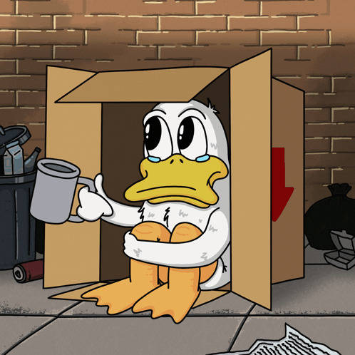A Cartoon Of A Duck Sitting In A Cardboard Box Holding A Cup GIF