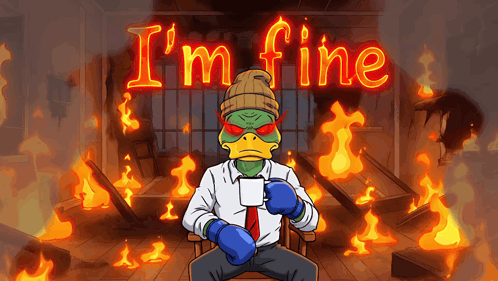 A Cartoon Of A Duck Sitting In Front Of A Sign That Says I 'M Fine GIF