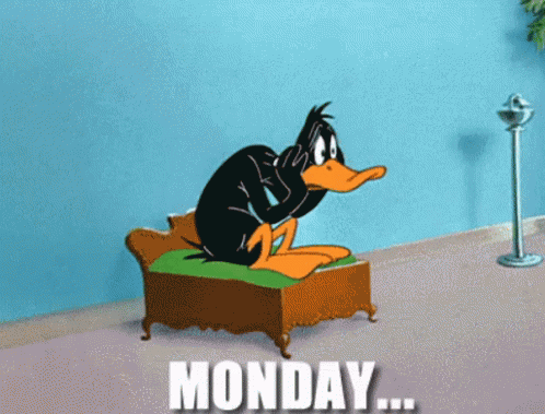 A Cartoon Of A Duck Sitting On A Couch With The Words Monday Written Below It GIF
