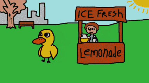A Cartoon Of A Duck Standing In Front Of A Lemonade Stand That Says Ice Fresh Lemonade GIF