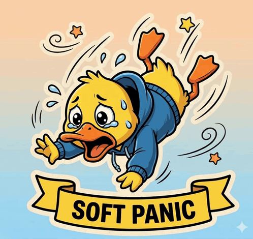 A Cartoon Of A Duck Wearing A Hoodie And Flippers With A Soft Panic Banner GIF