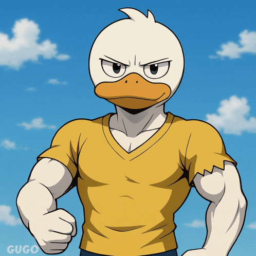 A Cartoon Of A Duck Wearing A Yellow Shirt With Gugo Written On The Bottom Right GIF