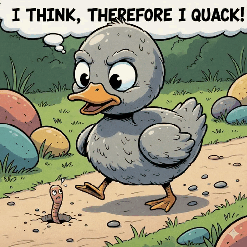 A Cartoon Of A Duck With The Words " I Think Therefore I Quack " GIF