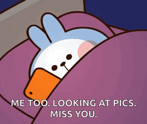 A Cartoon Of A Duck With The Words " Me Too Looking At Pics Miss You " On The Bottom GIF
