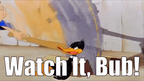 A Cartoon Of A Duck With The Words Watch It Bub On The Bottom GIF