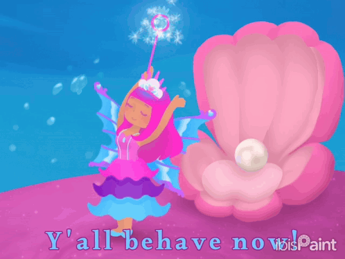A Cartoon Of A Fairy Blowing Soap Bubbles Next To A Pink Oyster Shell GIF