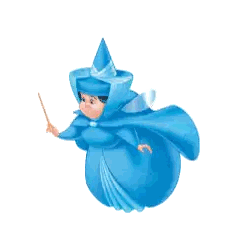 a cartoon of a fairy in a blue dress and hat holding a wand