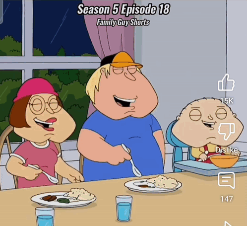 A Cartoon Of A Family Guy Sitting Around A Table With Plates Of Food GIF