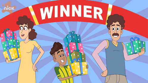 A Cartoon Of A Family Holding Presents Under A Banner That Says " Winner " GIF