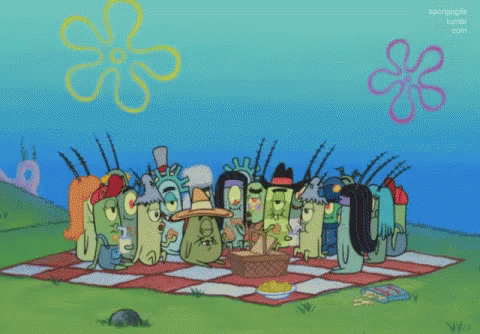 A Cartoon Of A Family Reunion With A Picnic Blanket GIF