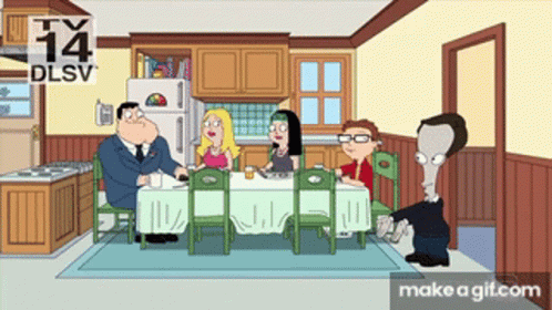 A Cartoon Of A Family Sitting Around A Dining Table With A Tv 14 Dlsv Logo Behind Them GIF