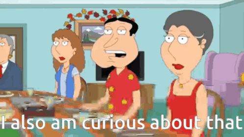 A Cartoon Of A Family Sitting Around A Table With The Words " I Also Am Curious About That " GIF