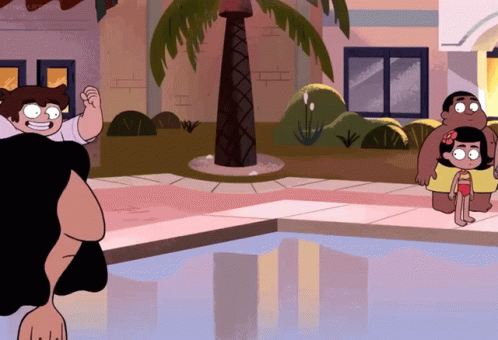 A Cartoon Of A Family Standing By A Pool With A Palm Tree In The Background GIF