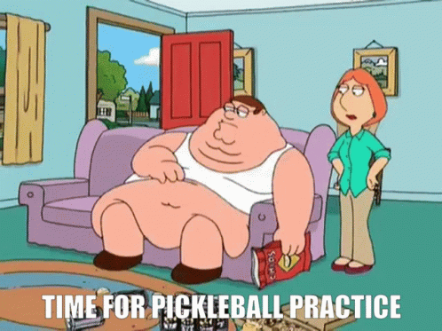A Cartoon Of A Fat Man Sitting On A Couch With The Words Time For Pickleball Practice GIF