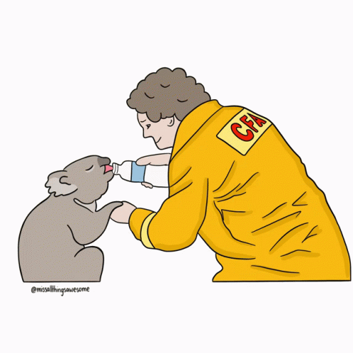 A Cartoon Of A Firefighter Feeding A Koala With A Bottle GIF