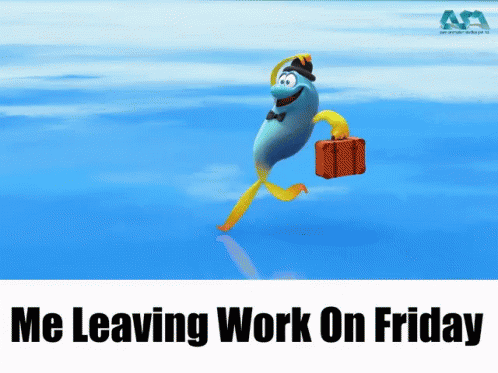 A Cartoon Of A Fish Carrying A Suitcase And The Words Me Leaving Work On Friday GIF