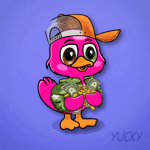 A Cartoon Of A Flamingo Holding Money And Coins With The Words I 'M A T On The Bottom GIF