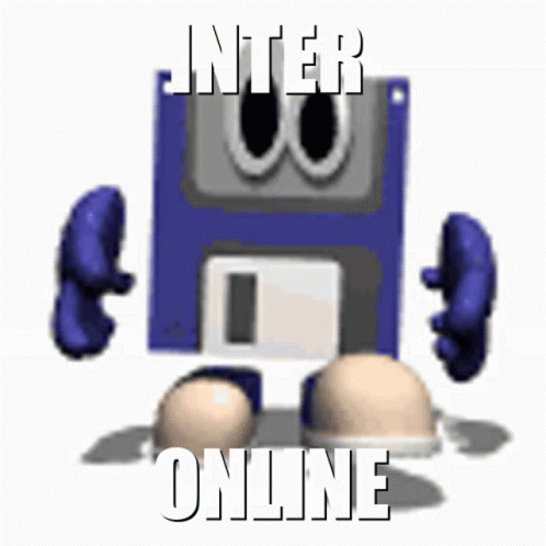 A Cartoon Of A Floppy Disk With The Words " Inter Online " Written On It GIF