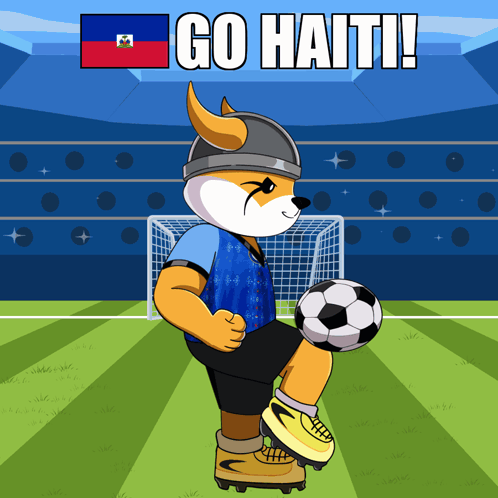 A Cartoon Of A Fox Kicking A Soccer Ball With The Words Go Haiti On The Bottom GIF