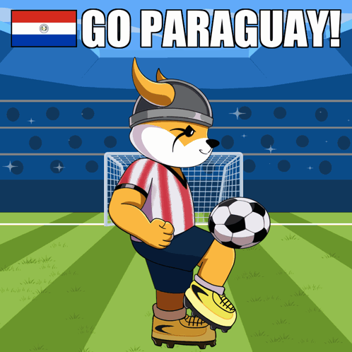 a cartoon of a fox kicking a soccer ball with the words go paraguay below it