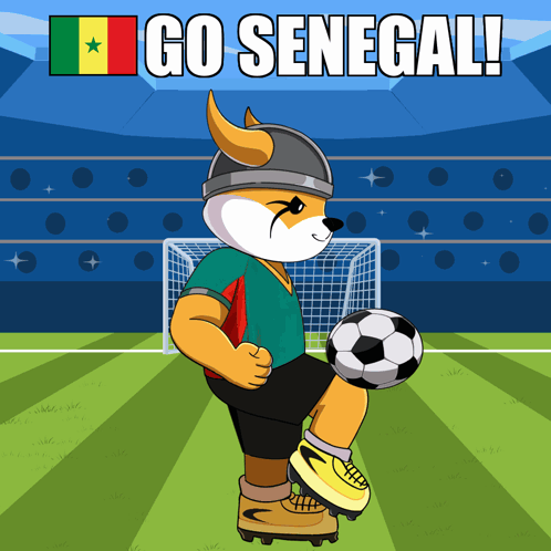 a cartoon of a fox kicking a soccer ball with the words go senegal behind him
