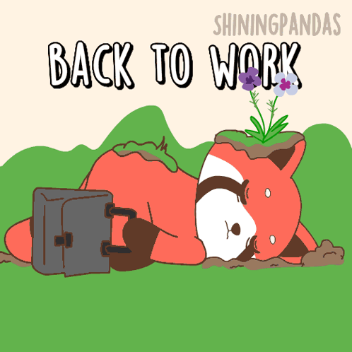 a cartoon of a fox laying down with a briefcase and the words back to work