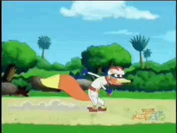 A Cartoon Of A Fox Playing Baseball With The Nick Logo In The Corner GIF