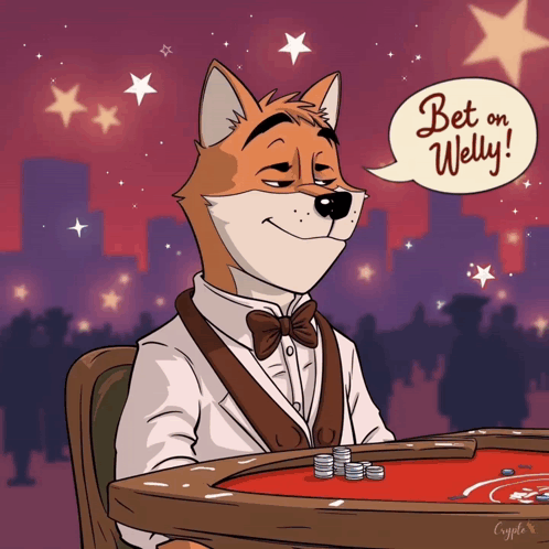 A Cartoon Of A Fox Sitting At A Table With A Speech Bubble That Says " Bet On Welly " GIF