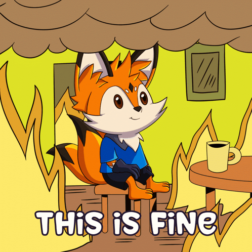A Cartoon Of A Fox Sitting At A Table With The Words " This Is Fine " Above Him GIF