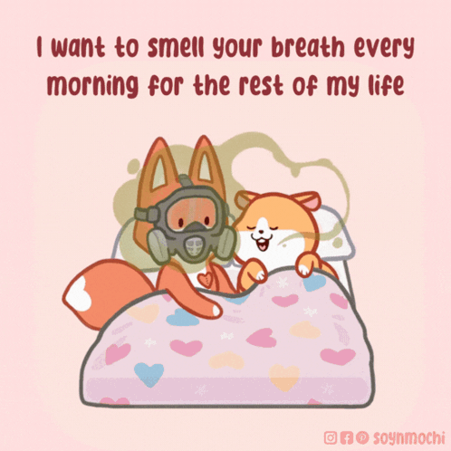 a cartoon of a fox wearing a gas mask and a dog laying on a bed
