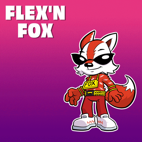 A Cartoon Of A Fox With The Name Flex 'N Fox GIF