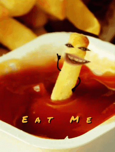 A Cartoon Of A French Fry Sticking Out Of A Cup Of Ketchup With The Words Eat Me Written On The Bottom GIF