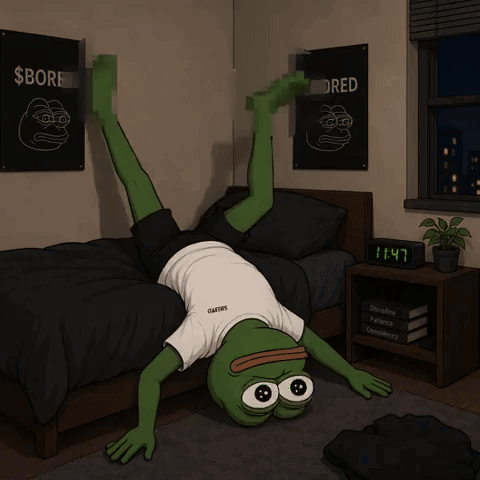 A Cartoon Of A Frog Doing A Handstand In A Bedroom GIF