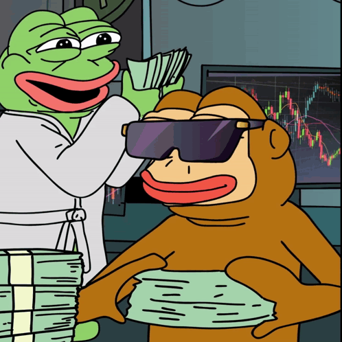 A Cartoon Of A Frog Giving Money To A Monkey Wearing Sunglasses GIF