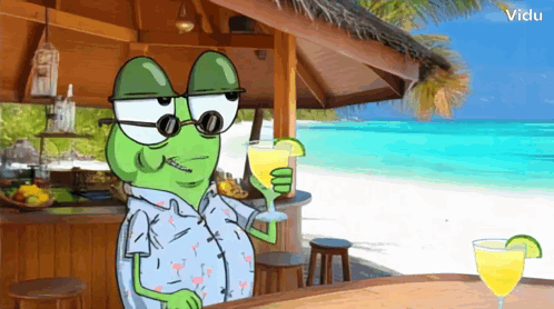 A Cartoon Of A Frog Holding A Drink With The Word Vidu In The Corner GIF