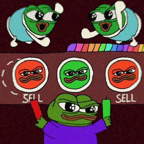 A Cartoon Of A Frog Holding A Red Card With The Words Sell On It GIF