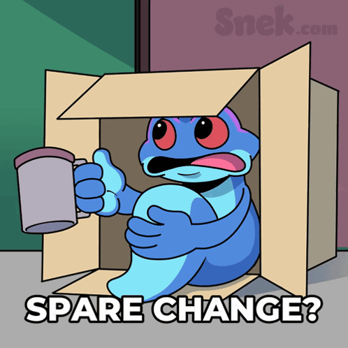 A Cartoon Of A Frog In A Cardboard Box With The Words Spare Change Below Him GIF