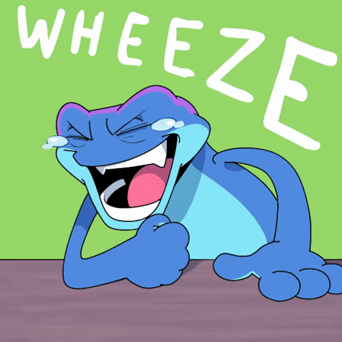 A Cartoon Of A Frog Laughing With The Words " Wheeze " Behind It GIF