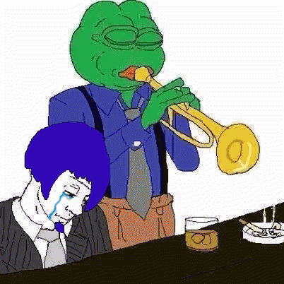 A Cartoon Of A Frog Playing A Trumpet Next To A Man Crying . GIF