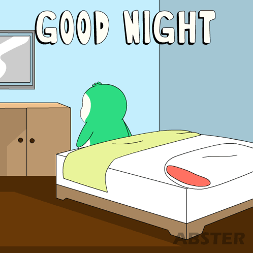 A Cartoon Of A Frog Sitting On A Bed With The Words " Good Night " Above It GIF