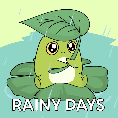 A Cartoon Of A Frog With A Leaf On Its Head And The Words " Rainy Days " Below It GIF