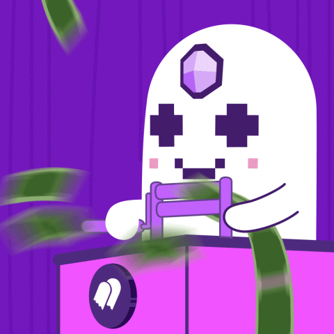 A Cartoon Of A Ghost Holding A Bunch Of Money And A Purple Coin GIF