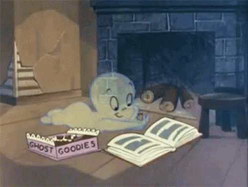 A Cartoon Of A Ghost Reading A Book Next To A Fireplace . GIF