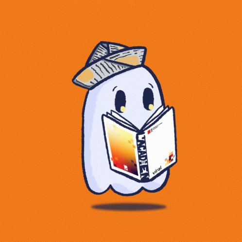 A Cartoon Of A Ghost Reading A Book That Says Vitra GIF